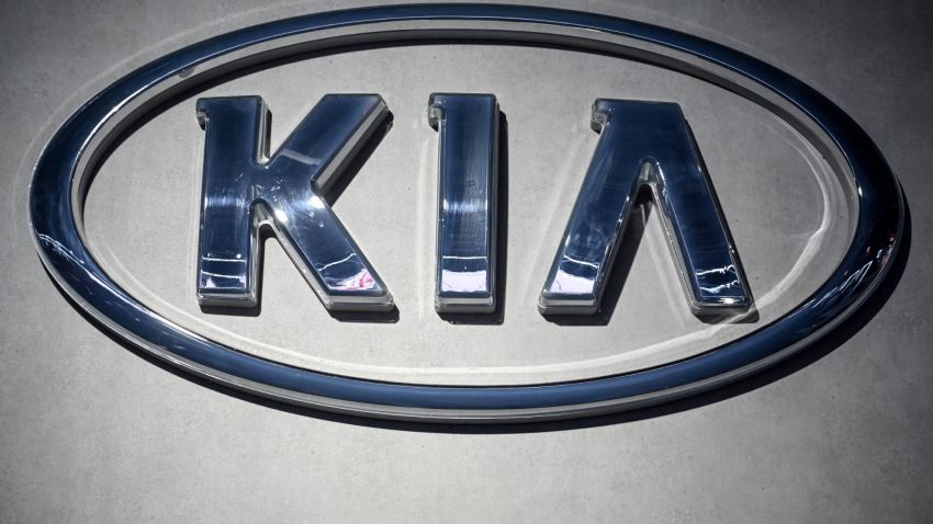 This photo shows a close-up of Kia logo at the Auto Expo 2020 at Greater Noida on the outskirts of New Delhi on February 5, 2020. (Photo by Money SHARMA / AFP) (Photo by MONEY SHARMA/AFP via Getty Images)