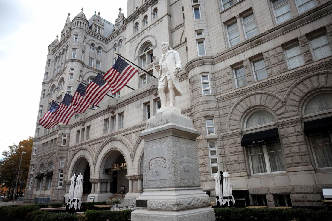 WASHINGTON, DC - NOVEMBER 15: The Trump International Hotel is shown November 15, 2021 in Washington, DC. The CGI Merchant Group investment fund has reportedly purchased the lease for the hotel for $375 million and is expected to remove the Trump name from the building. (Photo by Win McNamee/Getty Images)
