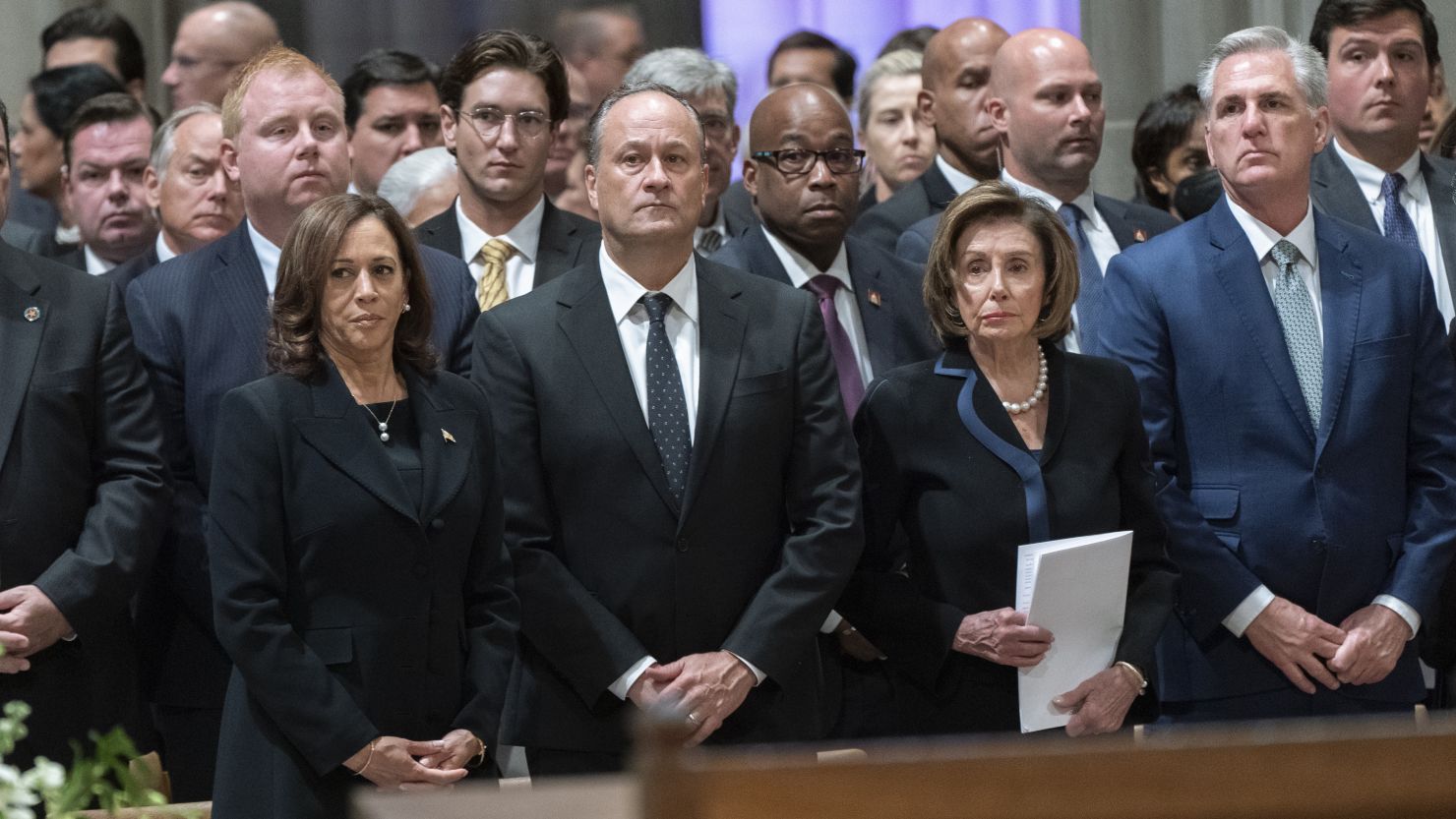 Vice President Kamala Harris, from left, her husband Doug Emhoff, House Speaker Nancy Pelosi of Calif., and House Minority Leader Kevin McCarthy of Calif., attend the National Cathedral memorial service for Queen Elizabeth II, on Wednesday, Sept. 21, 2022, in Washington. 