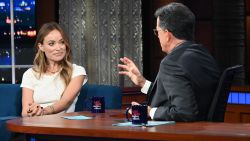 The Late Show with Stephen Colbert and guest Olivia Wilde during Wednesday's September 21, 2022 show. Photo: Scott Kowalchyk/CBS ©2022 CBS Broadcasting Inc. All Rights Reserved.