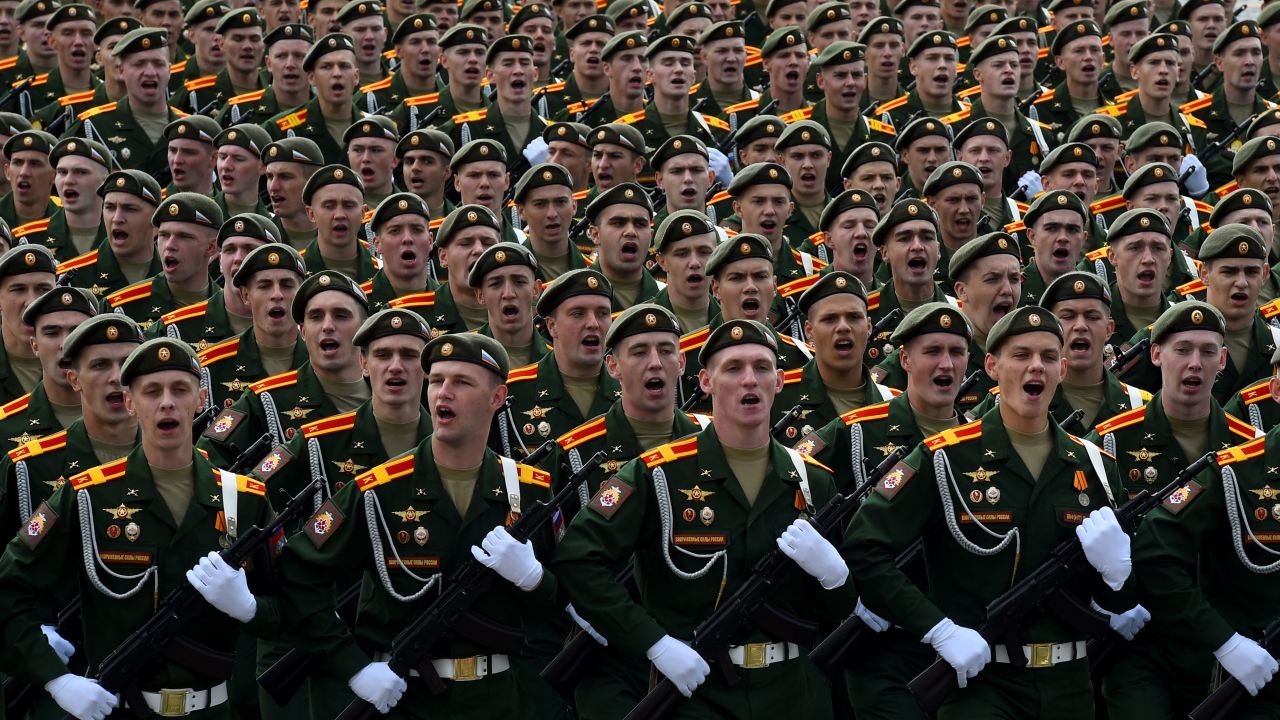 Russian servicemen take part in a rehearsal for the Victory Day parade in downtown Saint Petersburg on June 20, 2020. - Russia's President Putin on June 24 will preside over a massive military parade to mark Soviet victory in World War II, which was postponed due to the coronavirus pandemic. (Photo by OLGA MALTSEVA / AFP) (Photo by OLGA MALTSEVA/AFP via Getty Images)