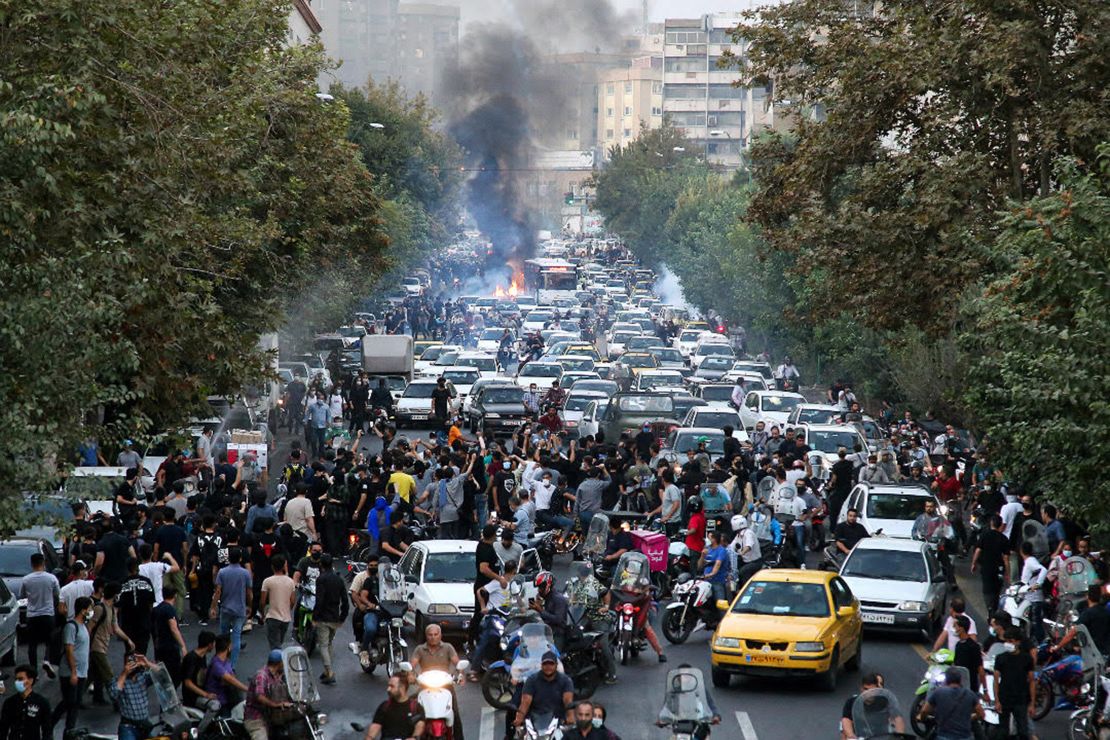 A protest in Tehran, Iran, over the death of Mahsa Amini, on September 21.