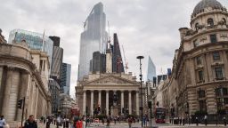 General view of The Royal Exchange, Bank of England and City of London on september 17, 2021.