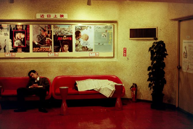 The lobby of an all-night movie theater in Shinjuku district, Tokyo, in 1977.
