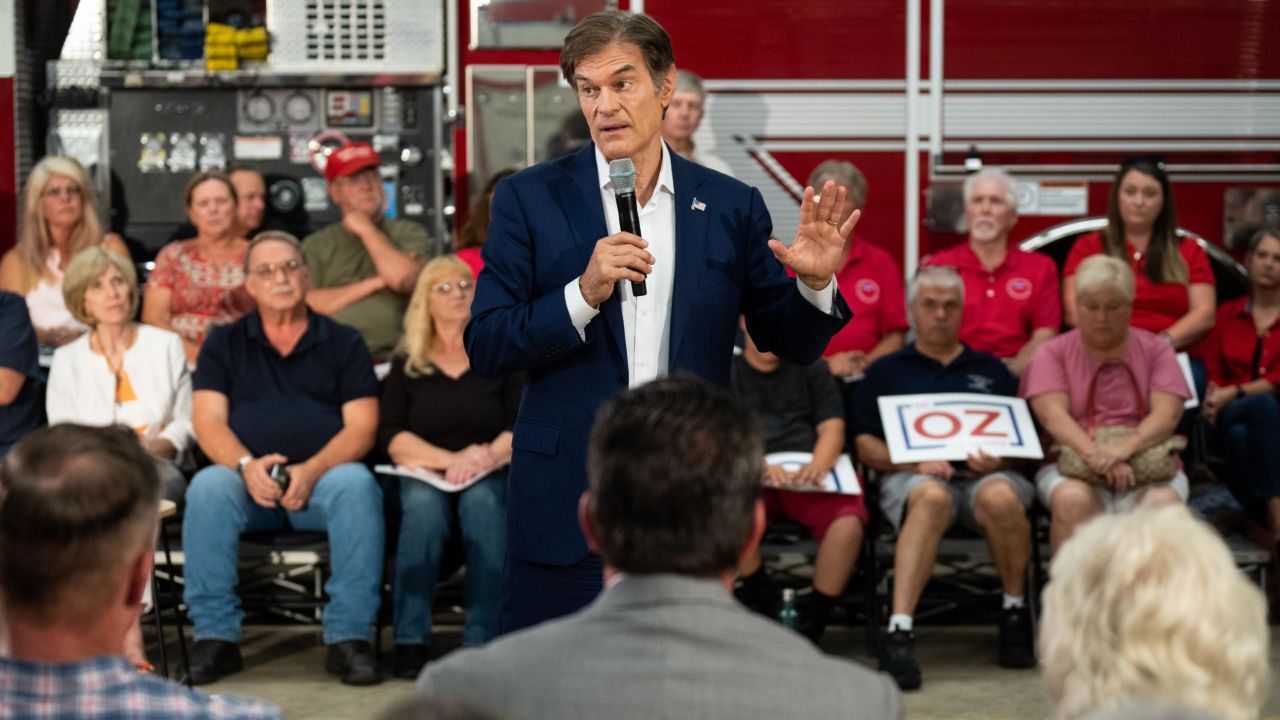 Republican U.S. Senate candidate Mehmet Oz holds a rally in the Tunkhanock Triton Hose Co fire station in Tunkhanock, Pa., on Thursday, August 18, 2022.