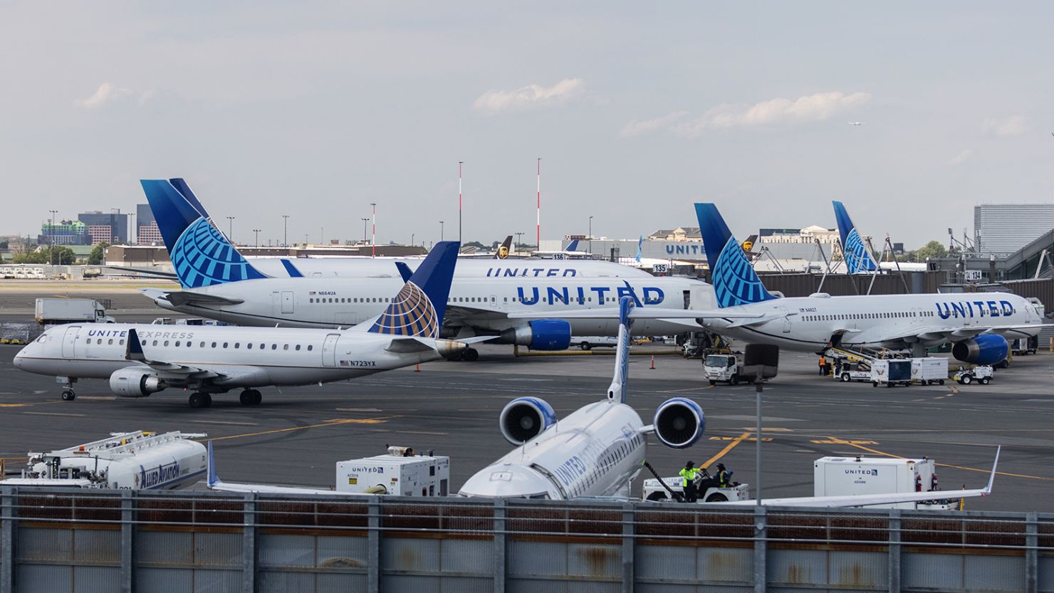 United Airlines aircraft are seen at Newark Liberty International Airport (EWR) on July 1, 2022 in Newark, New Jersey. Hundreds of flights were canceled across the US ahead of July Fourth weekend. 