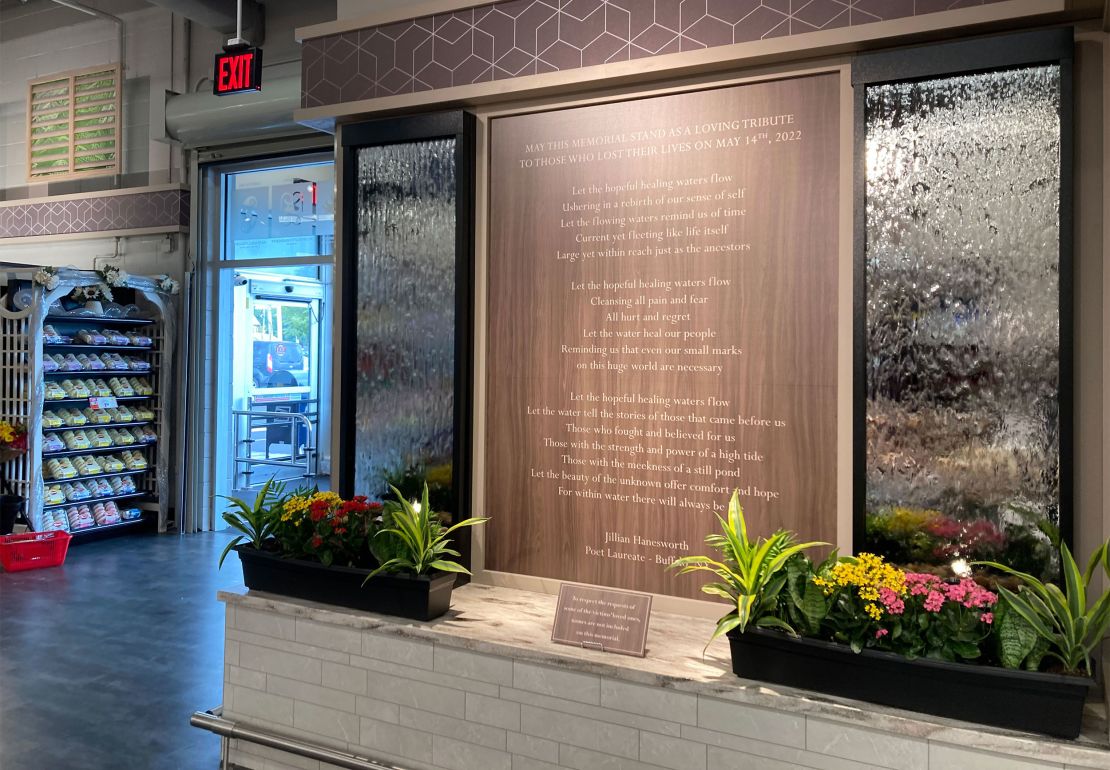 A memorial waterfall was built inside the renovated Tops supermarket in Buffalo, which reopened in July, two months after the mass shooting.