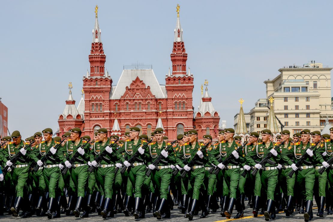 Russian soldiers walk to Red Square during a rehearsal on May 7 for a military parade marking the 77th anniversary of the victory over Nazi Germany in World War II.