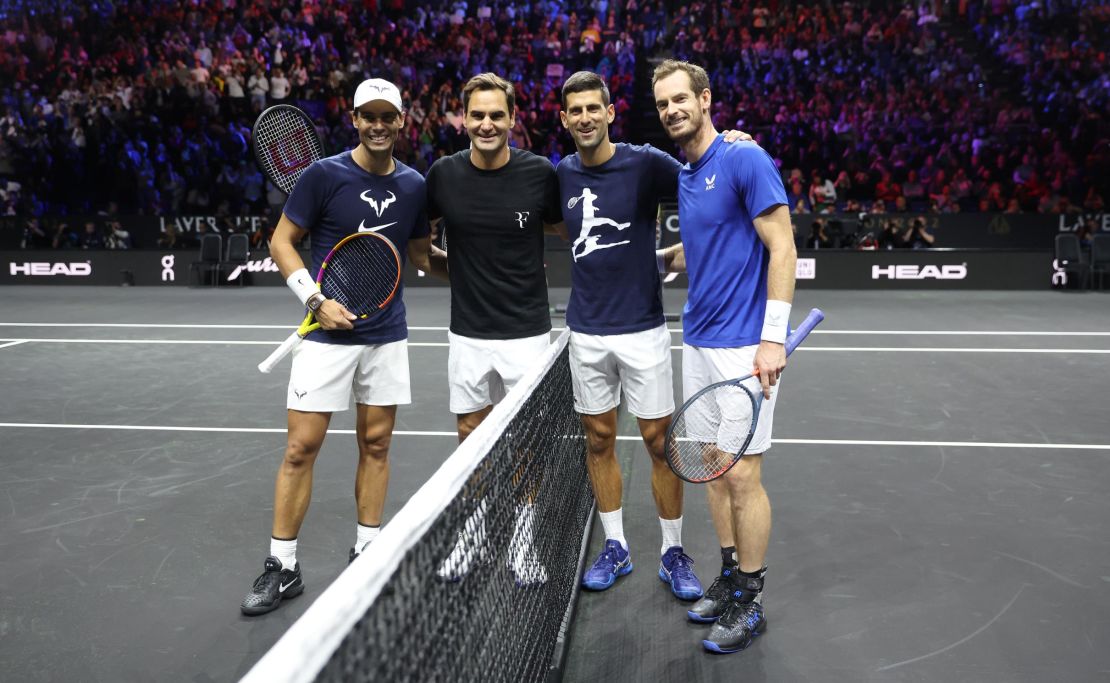 Federer poses with Nadal, Djokovic and Murray following a practice session ahead of the 2022 Laver Cup.