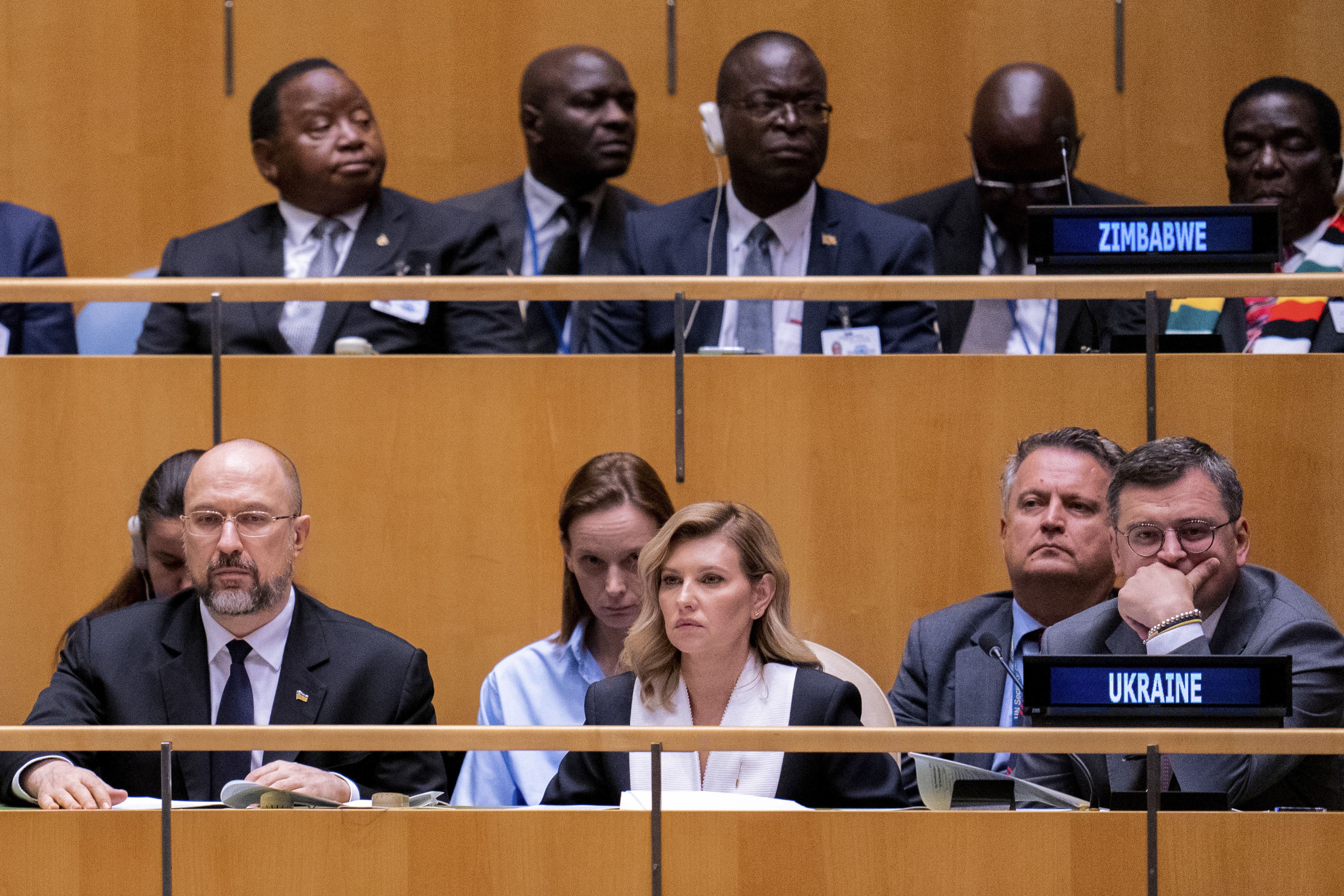 Ukrainian first lady Olena Zelenska listens to her husband, President Volodymyr Zelensky, as he addresses the United Nations General Assembly via a prerecorded message on Wednesday, September 21.