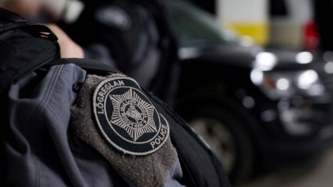 A shoulder badge of the Icelandic Police is seen on the uniform of a police officer during a training in Reykjavik, Iceland on March 22, 2022.