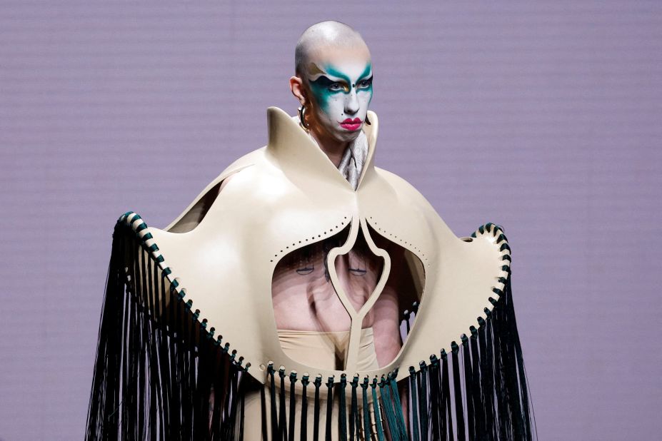 A model displays an outfit by Alvaro Calafat during Madrid Fashion Week on Friday, September 16.