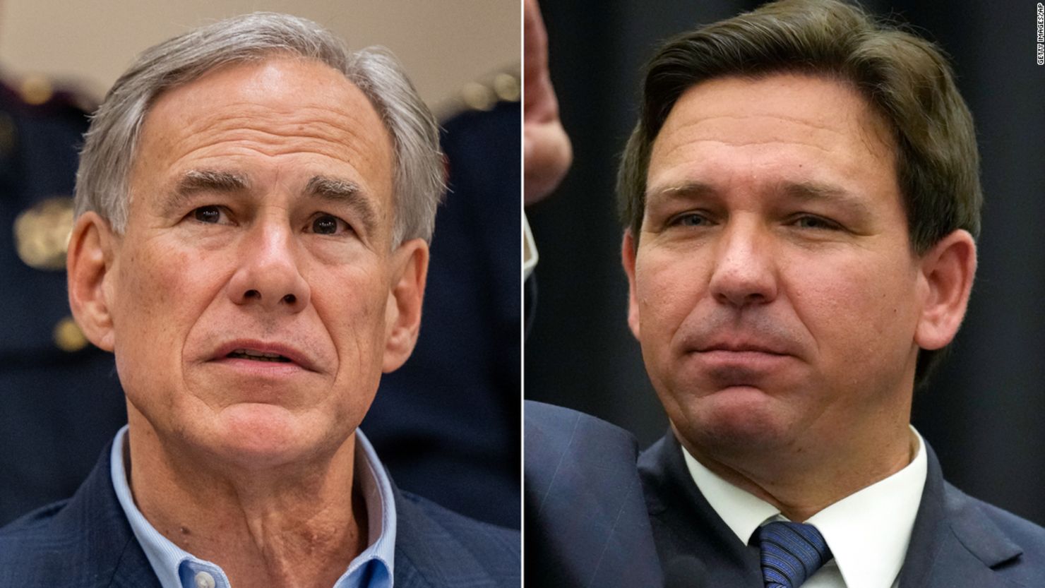 Texas Gov. Greg Abbott, left, and Florida Gov. Ron DeSantis. 