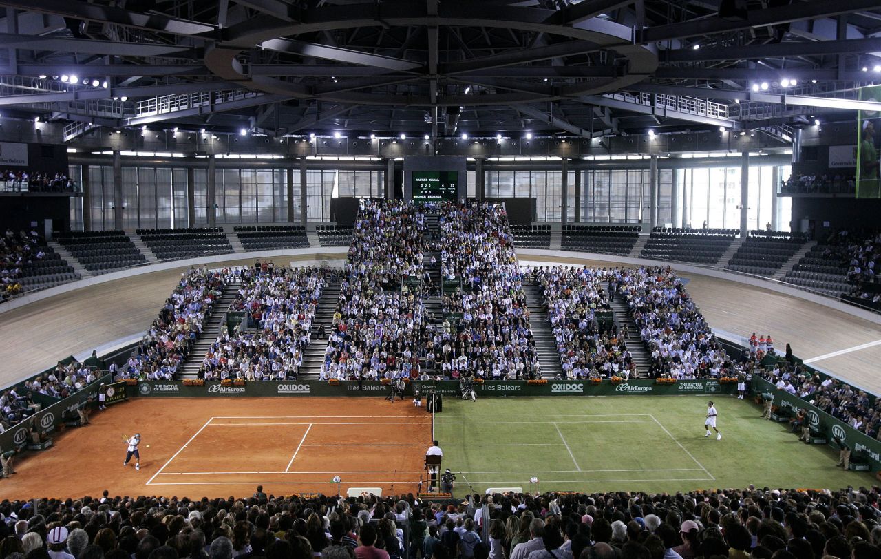 Federer and Rafael Nadal play an exhibition on a half-clay, half-grass match in Spain in 2007. Federer has excelled on grass his entire career. Nadal is widely known as the "King of Clay."