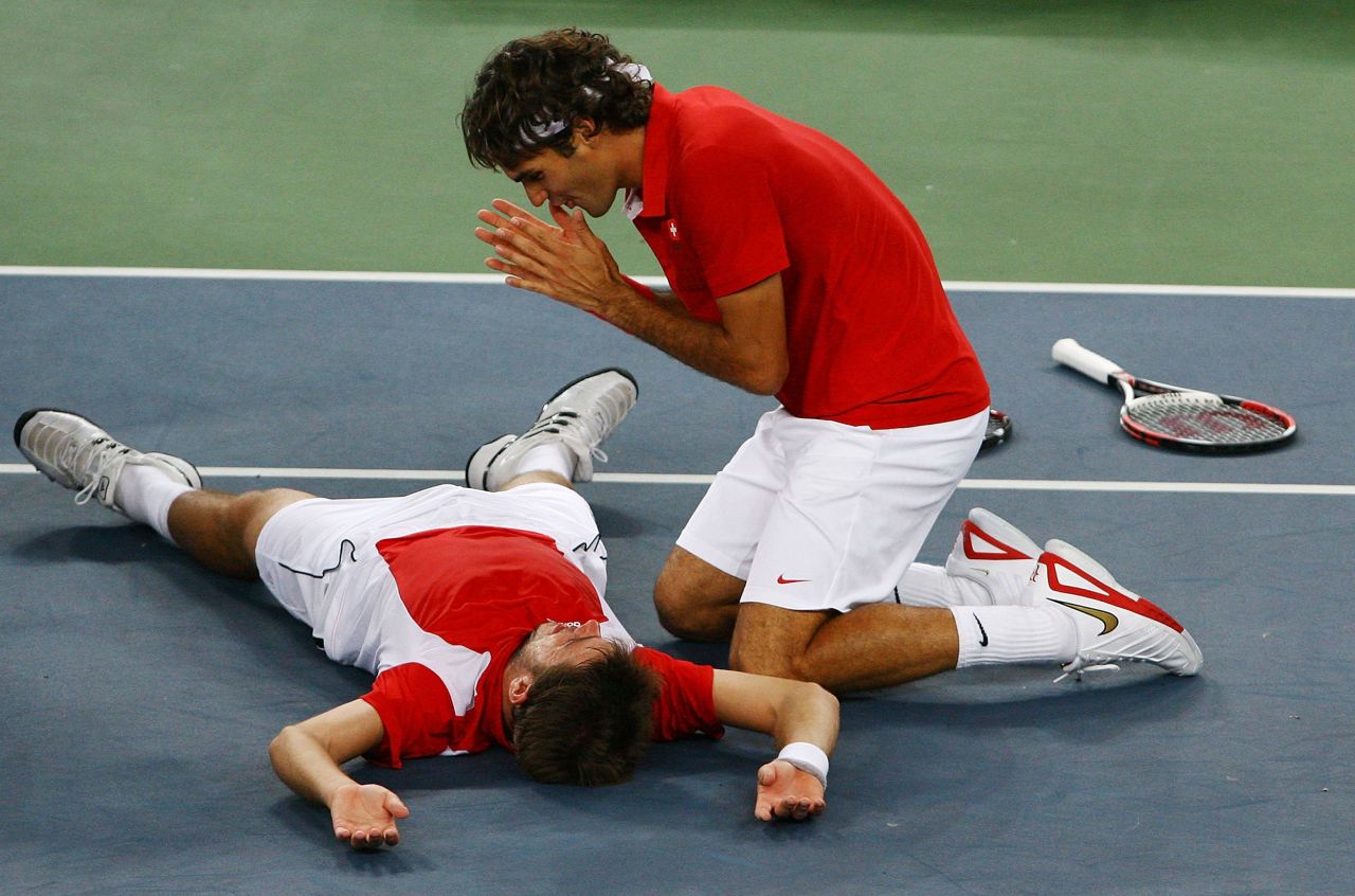 Federer and Stanislas Wawrinka celebrate after they won Olympic gold in doubles in 2008.