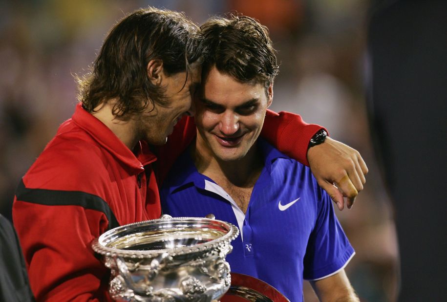 Nadal consoles Federer after defeating him in the 2009 Australian Open final. The two rivals pushed each other throughout the careers.