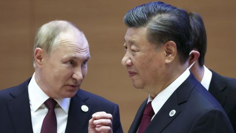 Russian President Vladimir Putin and Chinese leader Xi Jinping at the Shanghai Cooperation Organization summit in Samarkand, Uzbekistan, on Sept. 16, 2022. 