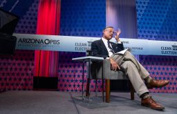 Mark Finchem, Republican candidate for secretary of state, attends a debate sponsored by the Arizona Clean Elections Commission at the Arizona PBS studios at the Walter Cronkite School of Journalism and Mass Communication at Arizona State University in Phoenix on September 22, 2022.