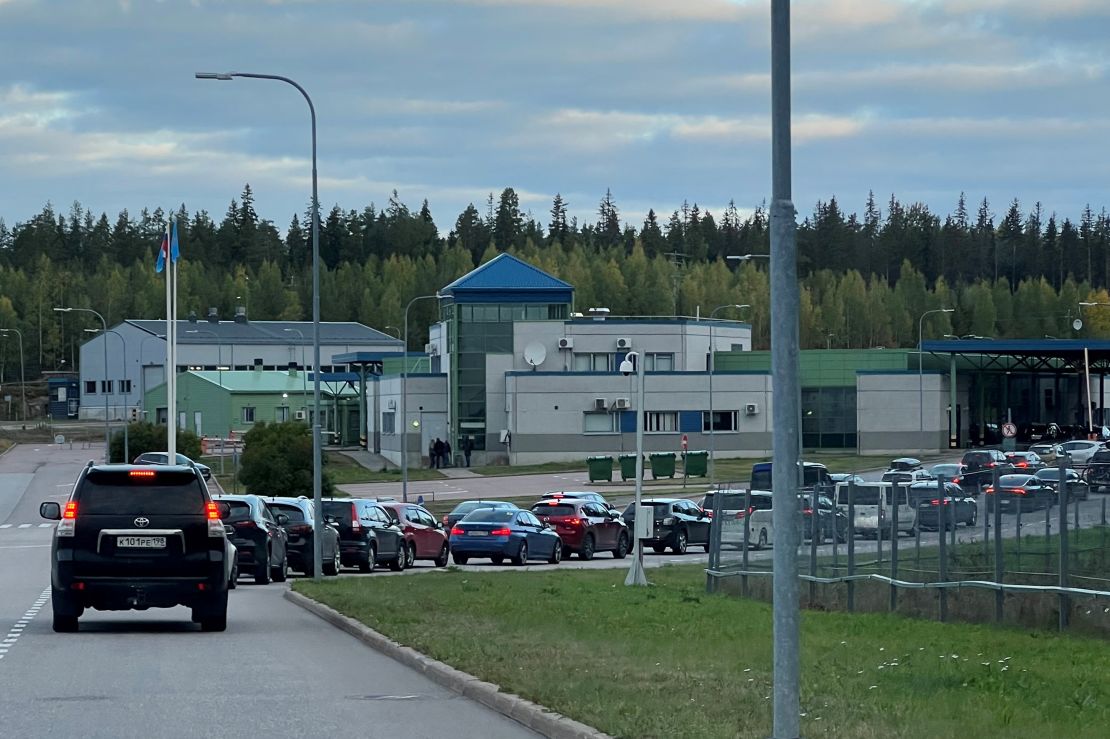 Cars queue to enter the Brusnichnoye checkpoint on the Russian-Finnish border in the Leningrad Region of Russia on September 22.