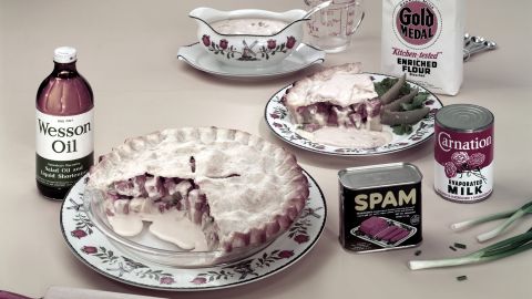 A pie made with Spam brand canned meat, potatoes, green onions and cream of mushroom soup in the 1950s or 1960s. 