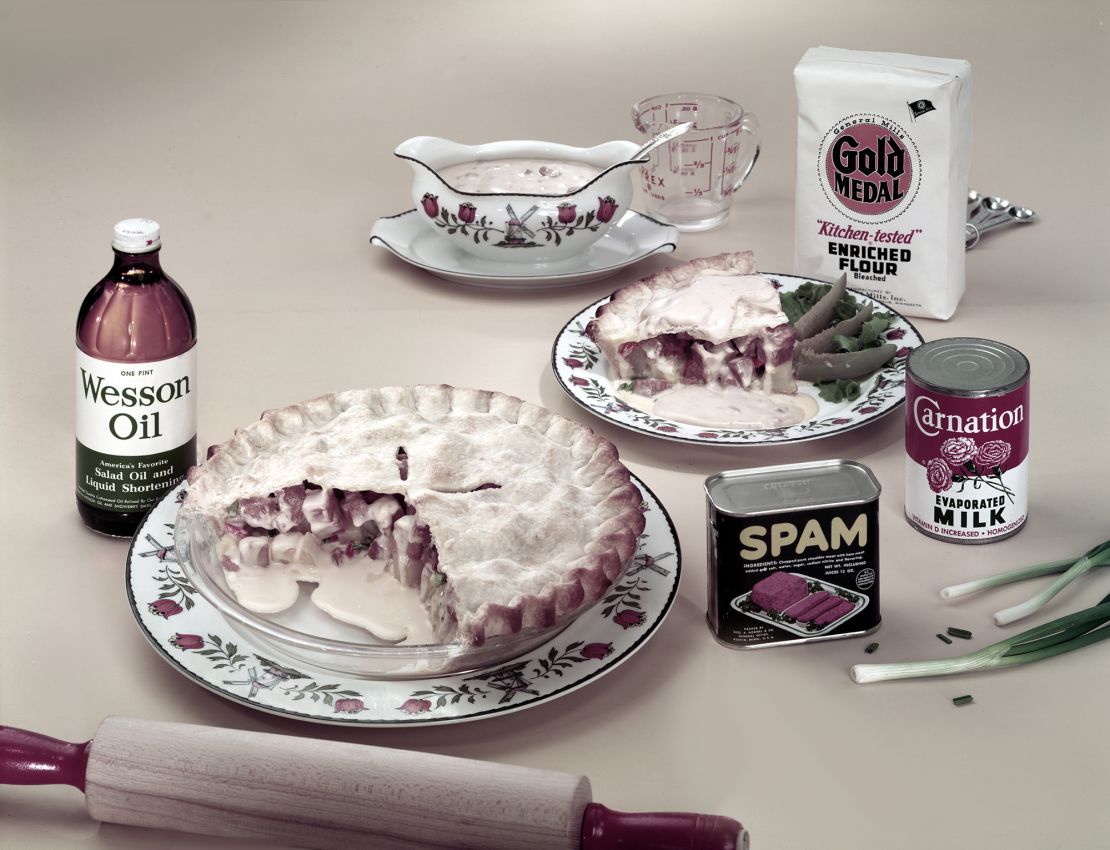 A pie made with Spam-brand canned meat, potatoes, scallions, and cream of mushroom soup during the 1950s or 1960s. 