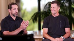 LAS VEGAS, NEVADA - JUNE 01: (L-R) Aaron Rodgers and Tom Brady take part in the quarterback roundtable prior to Capital One's The Match VI - Brady & Rodgers v Allen & Mahomes at Wynn Golf Club on June 01, 2022 in Las Vegas, Nevada. (Photo by Carmen Mandato/Getty Images for The Match)