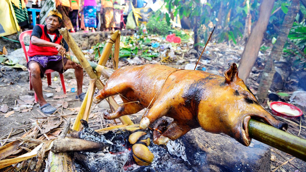 <strong>Wedding feast: </strong>A pig is sacrificed as the centerpiece for a feast at a Balinese wedding in rural West Bali.
