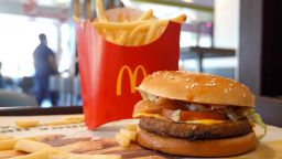 A McDonald's McPlant Beyond Meat burger is displayed with french fries at a McDonald's restaurant on February 14, 2022 in San Rafael, California. 