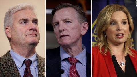 From left, US Republican Reps. Tom Emmer, Paul Gosar and Ashley Hinson. All three voted against a bipartisan infrastructure bill last year but signed on to requests for money from that legislation to fund projects for their constituents. 