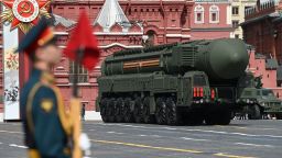 A Russian Yars intercontinental ballistic missile launcher parades through Red Square during the general rehearsal of the Victory Day military parade in central Moscow on May 7, 2022. - Russia will celebrate the 77th anniversary of the 1945 victory over Nazi Germany on May 9. (Photo by Kirill KUDRYAVTSEV / AFP) (Photo by KIRILL KUDRYAVTSEV/AFP via Getty Images)