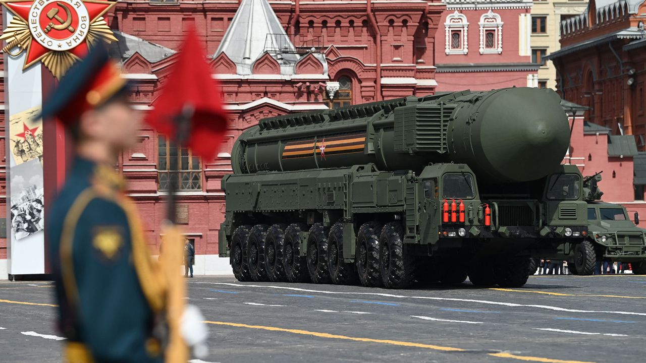 A Russian Yars intercontinental ballistic missile launcher parades through Red Square during the general rehearsal of the Victory Day military parade in central Moscow on May 7, 2022.