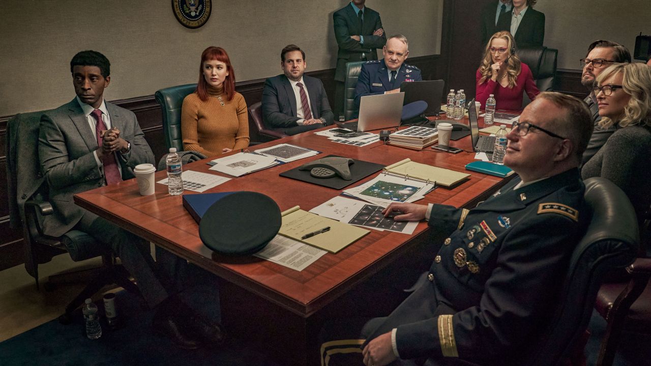 The satire "Don't Look Up" features Jennifer Lawrence, second from left, and Leonardo DiCaprio, far right at rear, as astronomers who try to warn officials about a comet on a collision course with Earth.