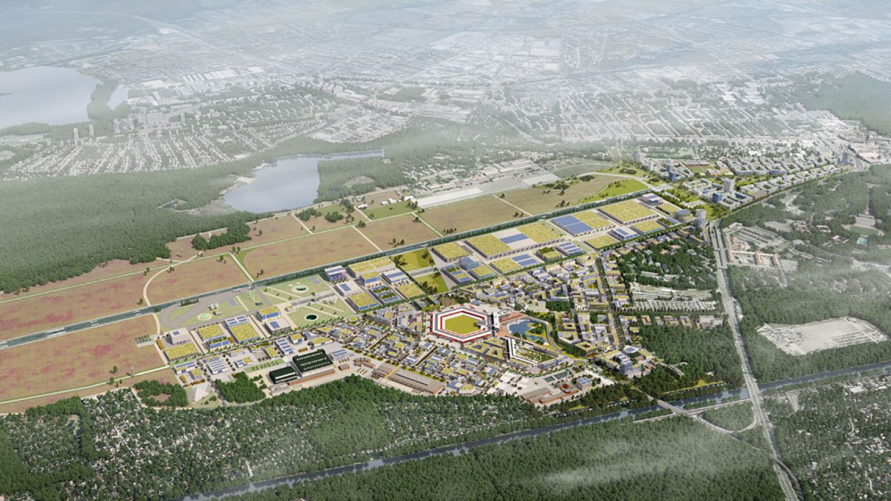 A rendering of the Berlin TXL masterplan, including the repurposing of Tegel airport's terminals (center) and new residential area (top right).