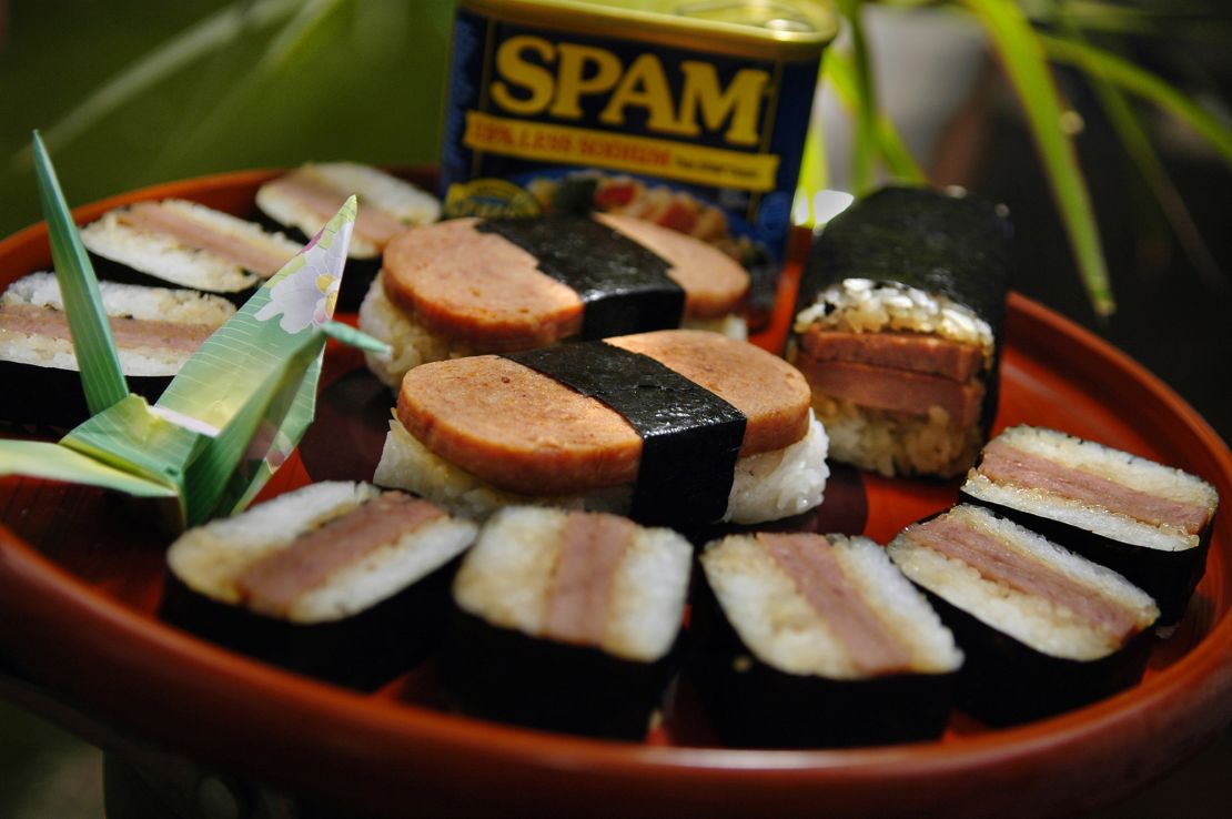 Spam musubi, a common Japanese lunch dish that was created in Hawaii.