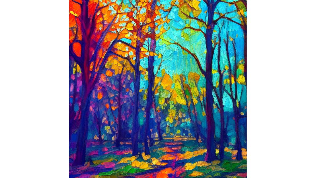 An image created by CNN's Rachel Metz with input from artist Erin Hanson, using the AI platform Stable Diffusion. It resembles Hanson's work, particularly with its colors and simulated brush strokes.