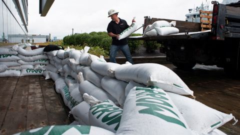 Sandbags were placed around the doors of the Nova Scotia Power building in Halifax ahead of Fiona's expected arrival.