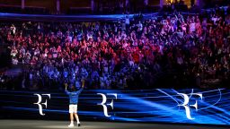 LONDON, ENGLAND - SEPTEMBER 23: Roger Federer of Team Europe shows emotion as they acknowledge the fans following their final match during Day One of the Laver Cup at The O2 Arena on September 23, 2022 in London, England. (Photo by Julian Finney/Getty Images for Laver Cup)