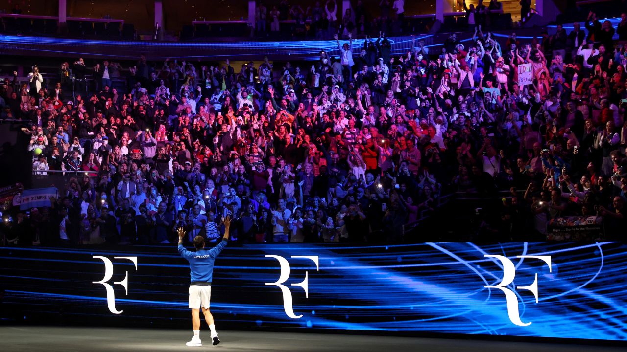 Roger Federer of Team Europe shows emotion as they acknowledge the fans following their final match at The O2 Arena on September 23, 2022 in London, England.