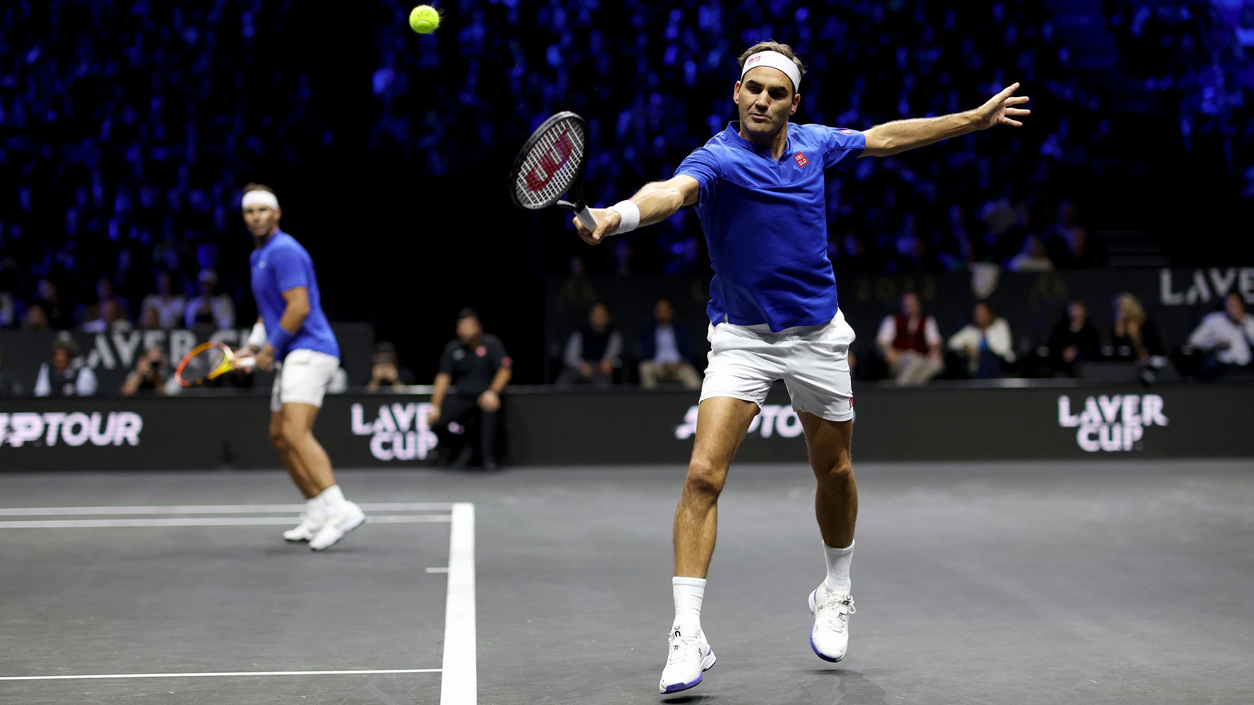 Federer plays a backhand during the Laver Cup in London. He was paired with Nadal in what was his final professional match.