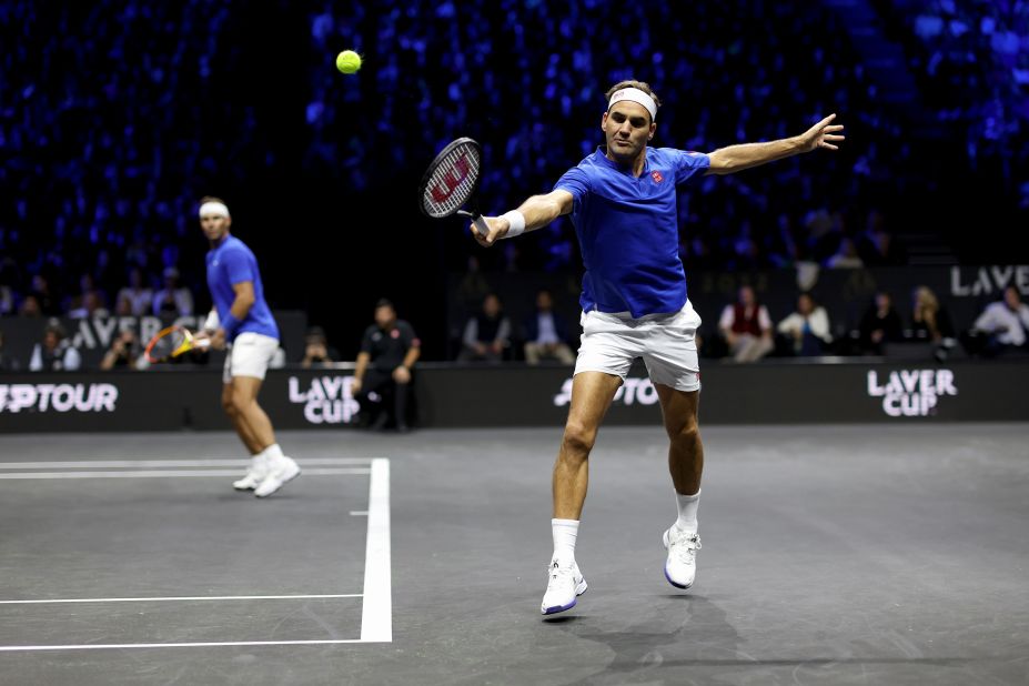 Federer plays a backhand during the Laver Cup in London. He was paired with Nadal in what was his final professional match.