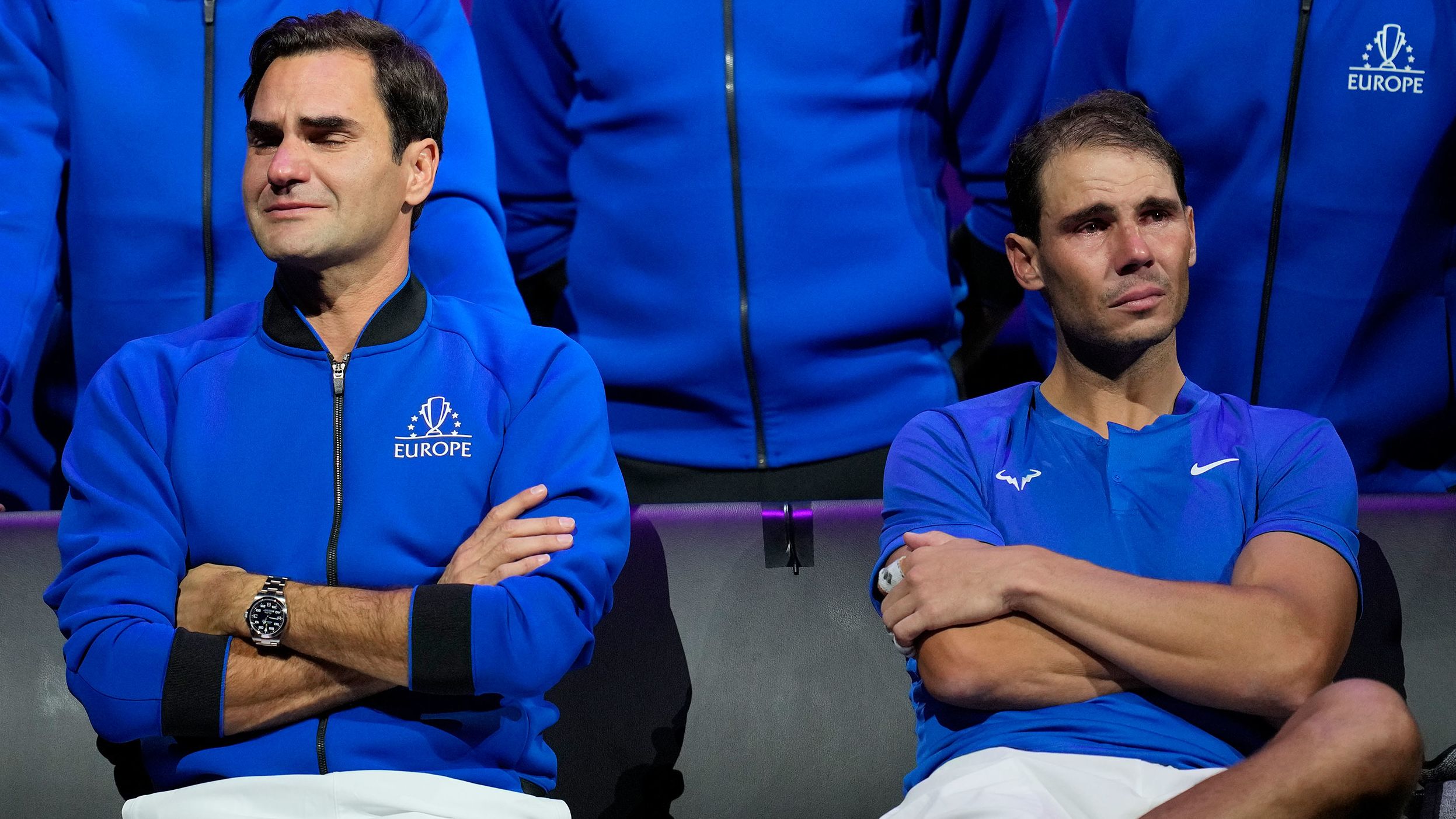 Federer and Nadal tear up after their match.