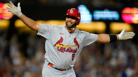 St. Louis Cardinals designated hitter Albert Pujols reacts after hitting a home run during the fourth inning against the Los Angeles Dodgers in Los Angeles, Friday, Sept. 23, 2022.