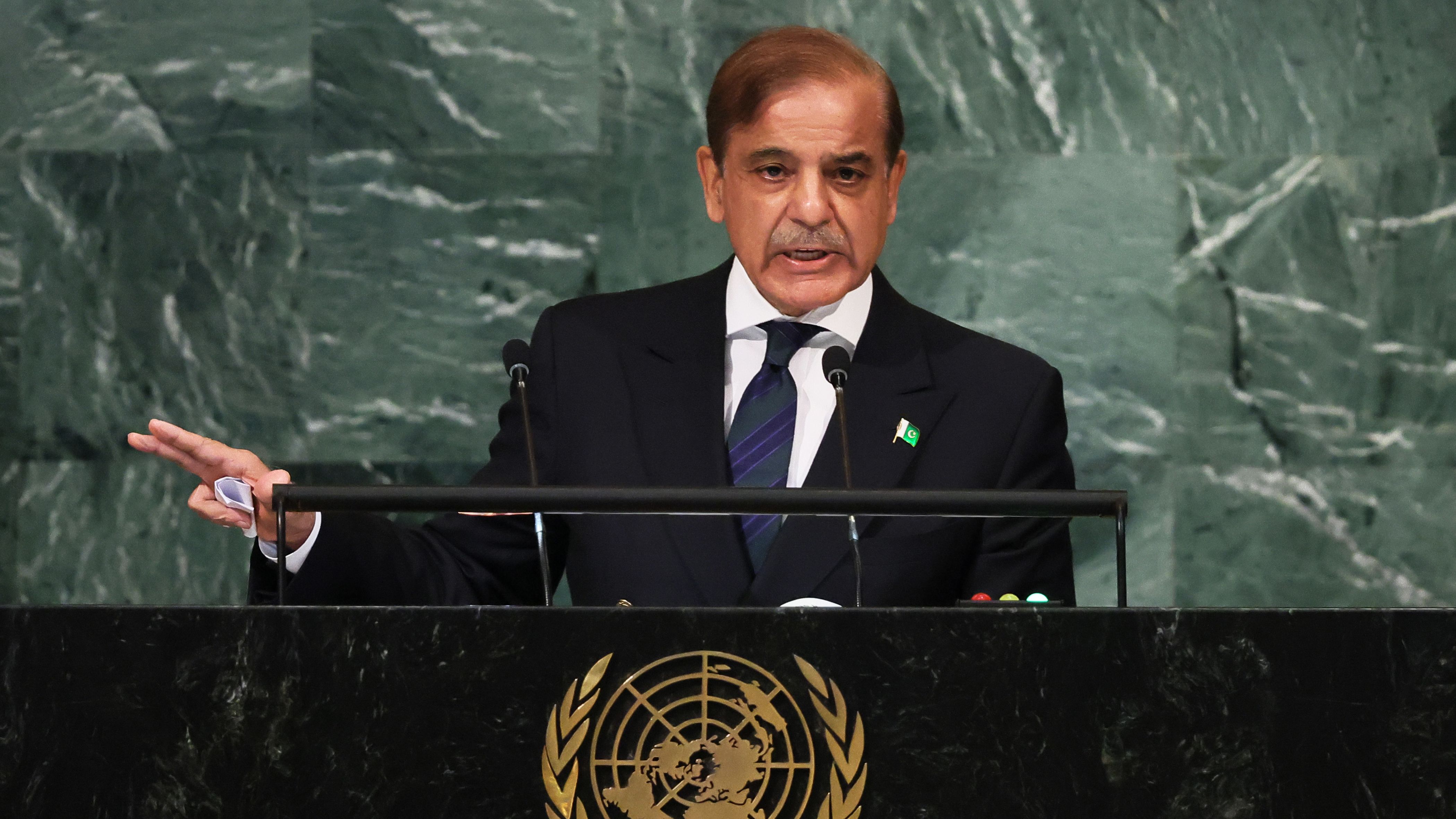 Pakistan's Prime Minister Shehbaz Sharif addresses the United Nations General Assembly on September 23, 2022.