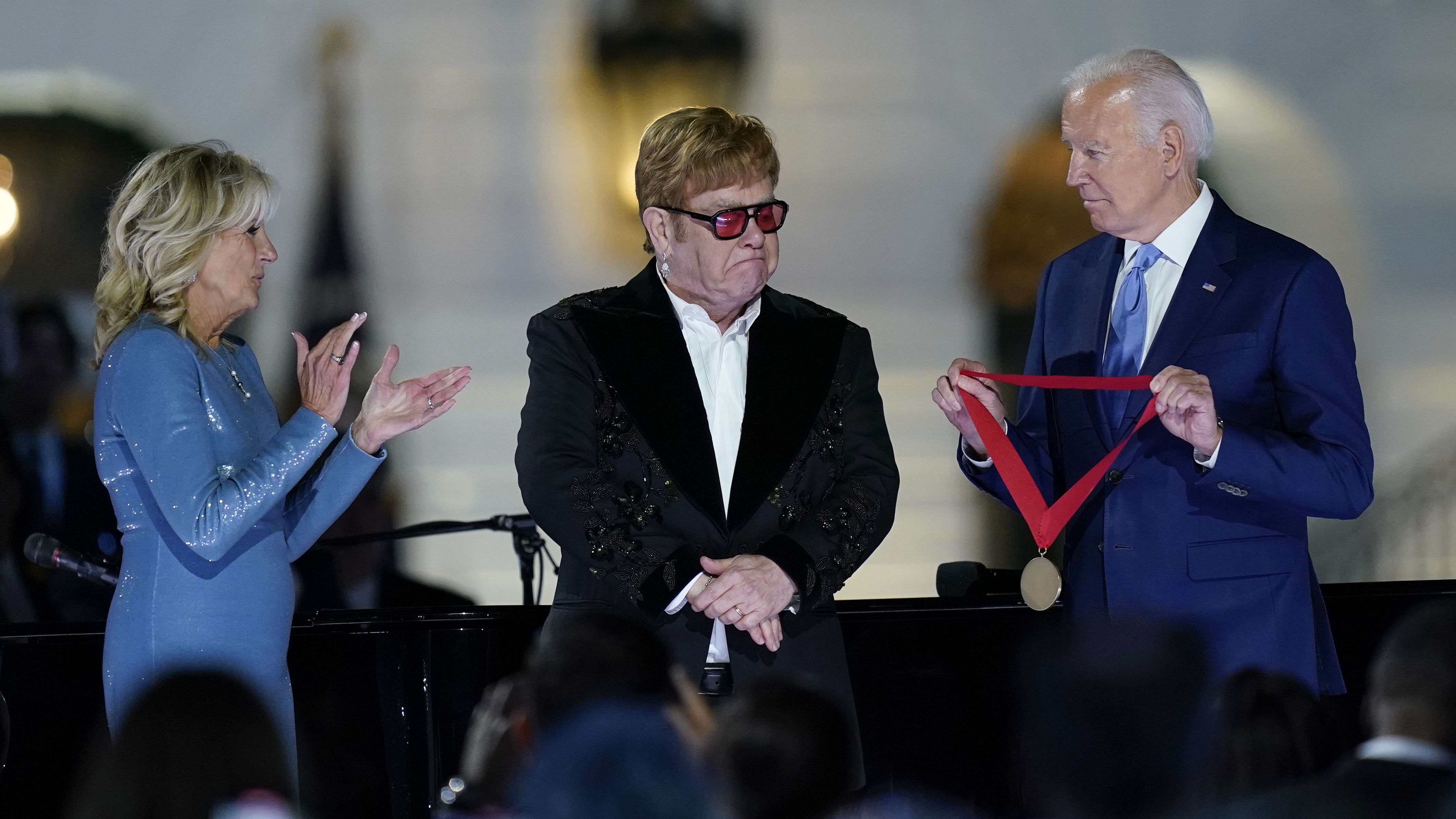 US President Joe Biden, joined by first lady Jill Biden, <a href="https://www.cnn.com/2022/09/23/politics/elton-john-humanities-medal-white-house-performance-biden/index.html" target="_blank">presents John with the National Humanities Medal</a> after a concert on the South Lawn of the White House in September 2022. The medal, according to the presentation, was to honor John "for moving our souls with his powerful voice and one of the defining song books of all time. An enduring icon and advocate with absolute courage, who found purpose to challenge convention, shatter stigma and advance the simple truth — that everyone deserves to be treated with dignity and respect."