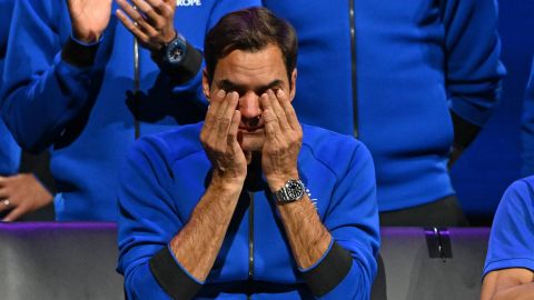 Federer sheds a tear after playing his last game.