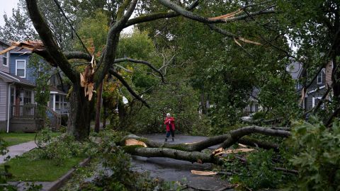 Georgina Scott surveys the damage on her street in Halifax on Saturday, Sept. 24, 2022.  