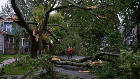 Georgina Scott surveys the damage on her street in Halifax on Saturday, Sept. 24, 2022.