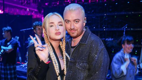 Kim Petras and Sam Smith backstage during the iHeartRadio Music Festival at T-Mobile Arena on September 23 in Las Vegas. (Photo by Christopher Polk/Variety via Getty Images)