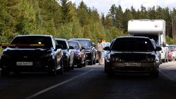 Mandatory Credit: Photo by RONI REKOMAA/EPA-EFE/Shutterstock (13417810d)Vehicles at the border crossing point with Russia in Vaalimaa at Virolahti, Finland, 24 September 2022. The Finnish Foreign Ministry said the Russian mobilization and increasing volume of tourists transiting via Finland 'are causing serious harm to Finland's international position and relations', adding that 'the government will issue a resolution to significantly restrict the entry and issuing visas to Russian citizens'. Russian President Vladimir Putin has signed a decree on partial mobilization in the Russian Federation, with mobilization activities starting on 21 September. Russian citizens who are in the reserve will be called up for military service.Border crossing between Finland and Russia, Virolahti - 24 Sep 2022