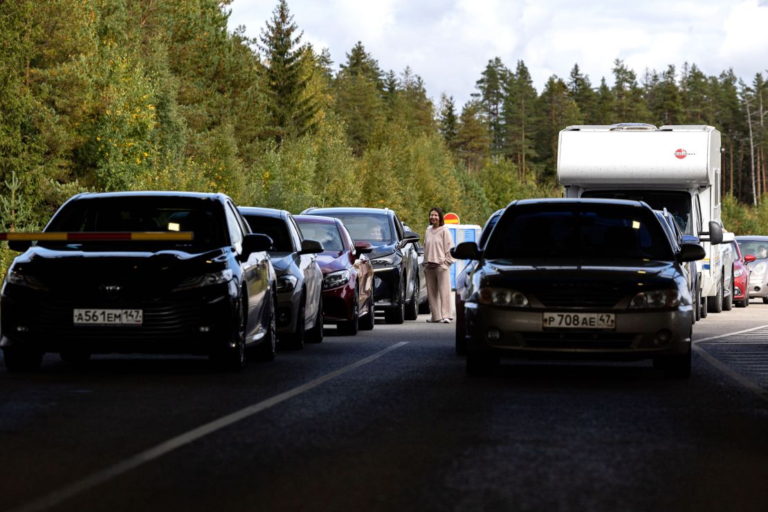 Vehicles at the border crossing point with Russia in Vaalimaa at Virolahti, Finland, on Sept. 24, 2022.